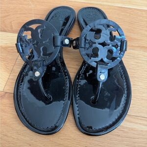 Tory Burch Black Patent Miller Logo Thong Sandals